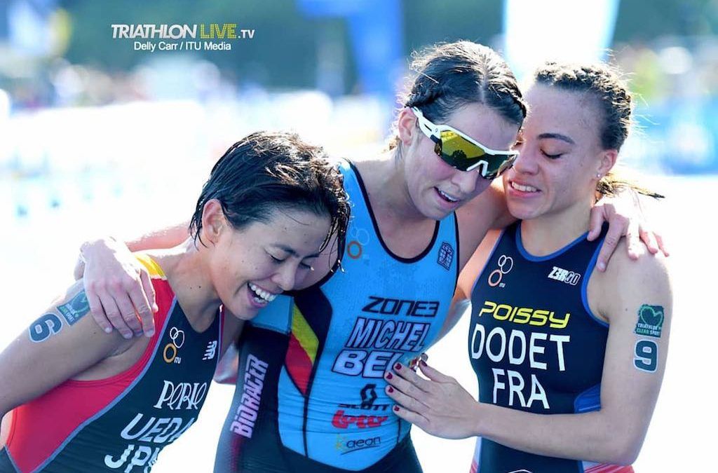 Claire Michel op podium in wereldbeker triatlon Korea, Jelle Geens valt uit