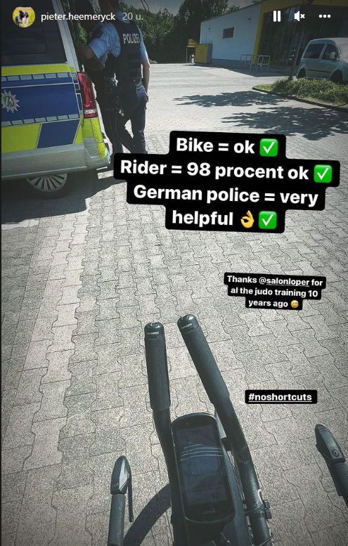 De Instagram story waarop Pieter Heemeryck aangeeft 98% ok te zijn na de aanrijding met een auto (foto: 3athlon.be)