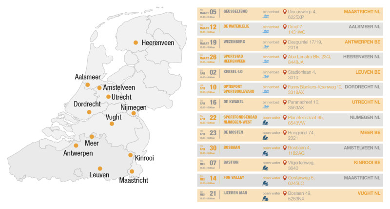 Schema en kaart van alle wetsuit testdagen voor triatlon van triathlonaccessoires.nl