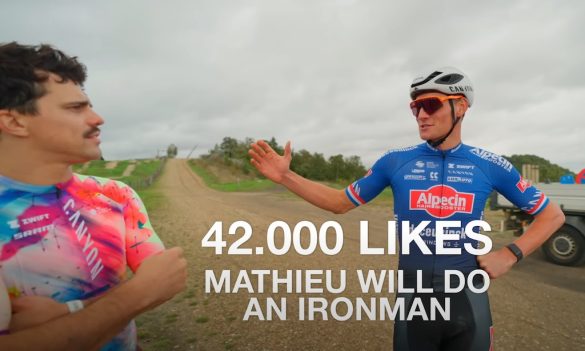 Mathieu Van Der Poel belooft aan Average Rob een Ironman te doen (foto: screenshot Youtube Average Rob)