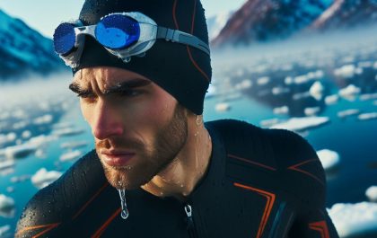 Triatlon in ijskoud water (AI gegenereerde foto van Microsoft Designer)
