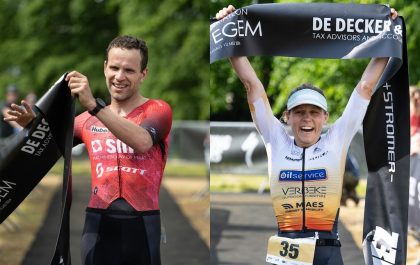 Tom Vander Hoogerstraete en Lize Paridaens winnen de halve triatlon van Lievegem (foto: Finishfoto.be/Jim De Sitter)