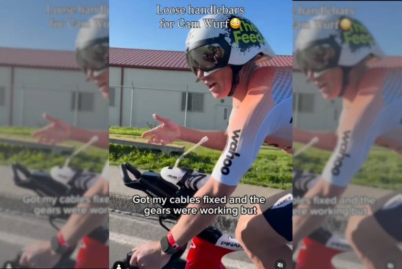 Cam Wurf vergeet zijn stuur vast te zetten in de 70.3 Ironman Oceanside (foto: screenshot 3athlon.be)