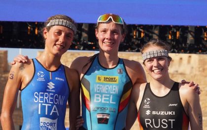 Jolien Vermeylen pakt goud op het EK sprinttriatlon voor Seregni en Rust (foto: Europe Triathlon)