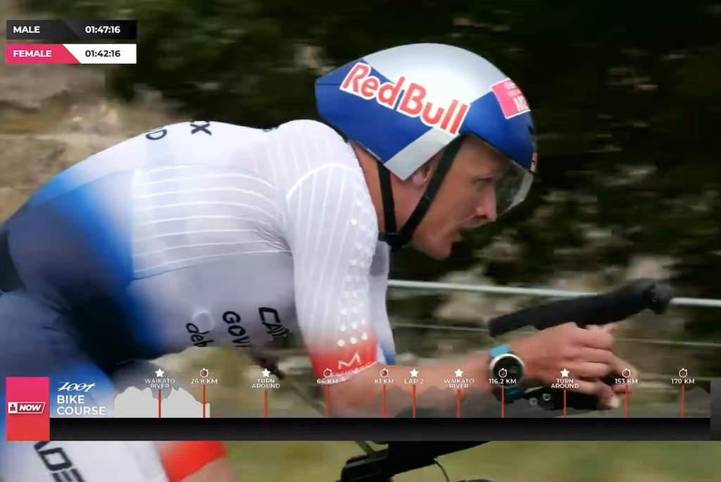 Kristian Blummenfelt in de Ironman Nieuw-Zeeland met de losgekomen aero-bar in zijn rechterhand (foto screenshot 3athlon.be)