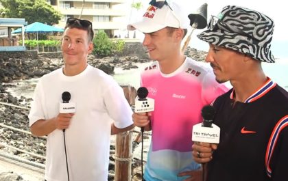 Marten Van Riel tussen Youri Keulen en Vincent Luis bij Breakfast with Bob in Hawaii (foto: screenshot 3athlon.nl)