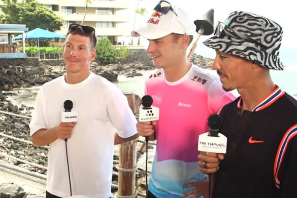 Marten Van Riel tussen Youri Keulen en Vincent Luis bij Breakfast with Bob in Hawaii (foto: screenshot 3athlon.nl)
